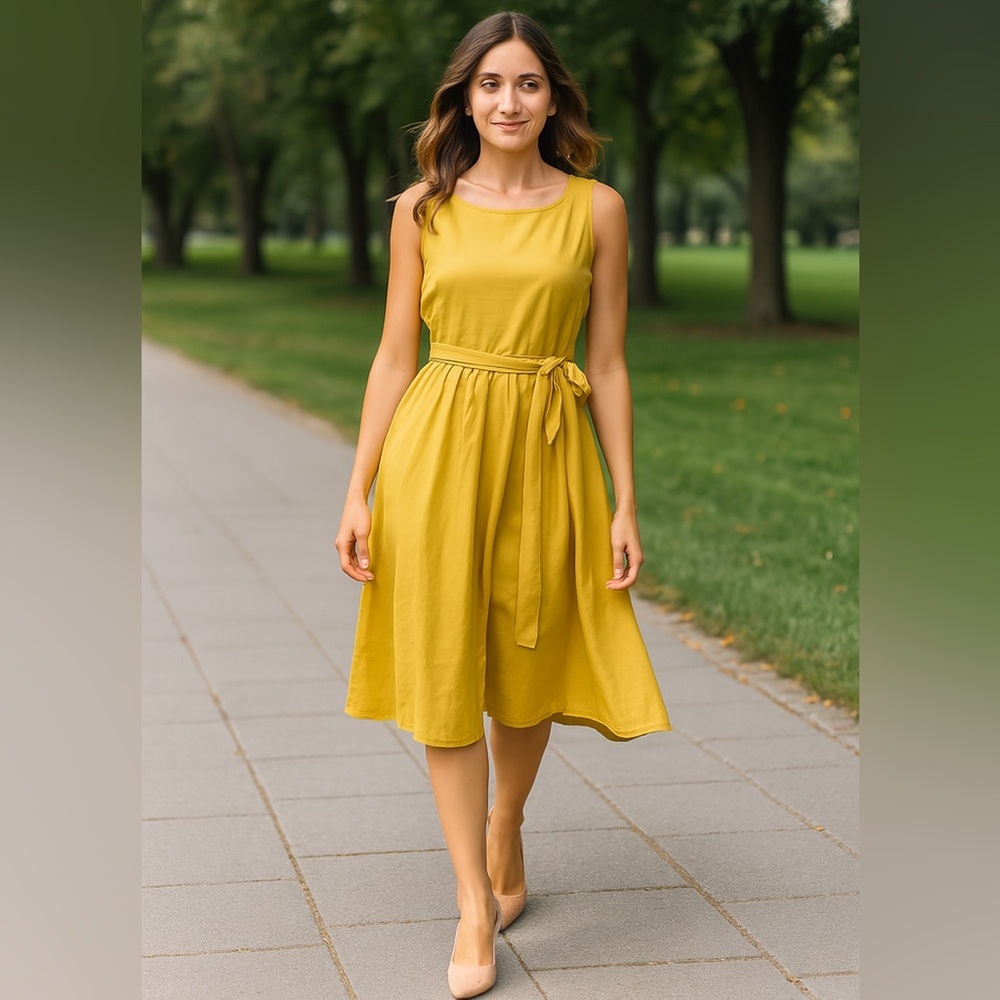 𝅺CAARA Bumblebee Flare Side Tie Flowing Pleated Dress